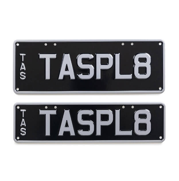 Car individual plates Classic Open Content TASPL8 Silver on Black plate