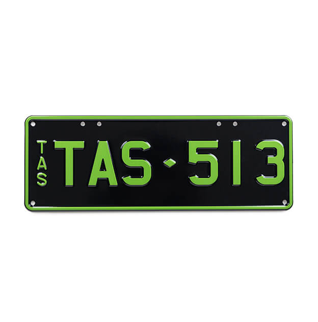 Car Individual Plates Colour on Black Green with TAS513 content on plate