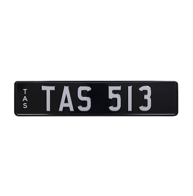 Car Individual Plates Euro Size Premium TAS513 Silver on Black with Gold Characters