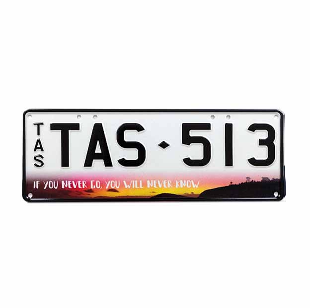 Car Individual Plates Explore range TAS513 Just Go with Black Characters on a White plate