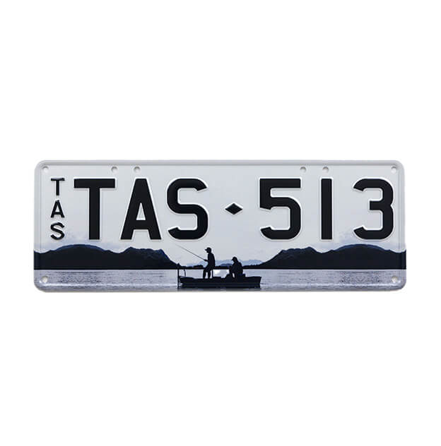 Car Individual Plates Great Outdoors Fishing TAS513 with black characters on a white plate