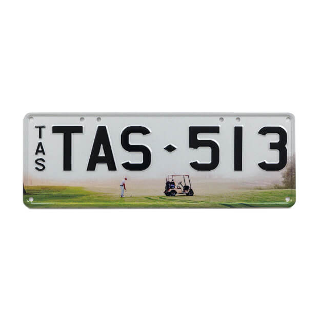 Car Individual Plates Great Outdoors Golf TAS513 with black characters on a white plate