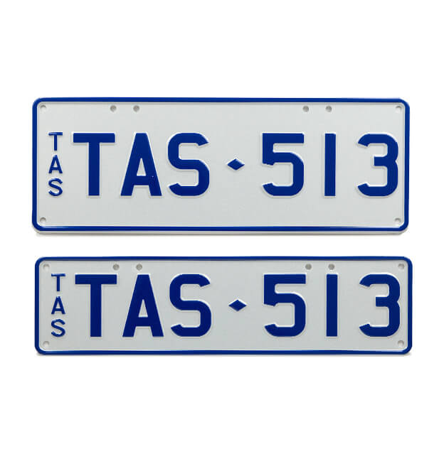 Car Individual Plates My Colour Blue on White with TAS513 plate content