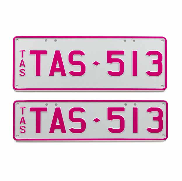 Car Individual Plates My Colour Pink on White with TAS513 plate content