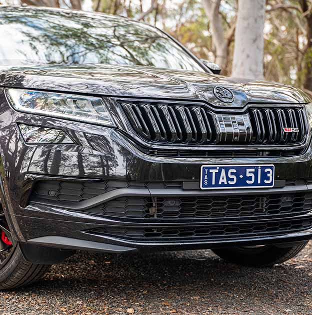 Black Skoda with MyColour White on dark blue plate
