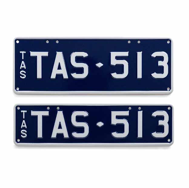 Car Individual Plates My Colour White on Dark Blue with TAS513 plate content