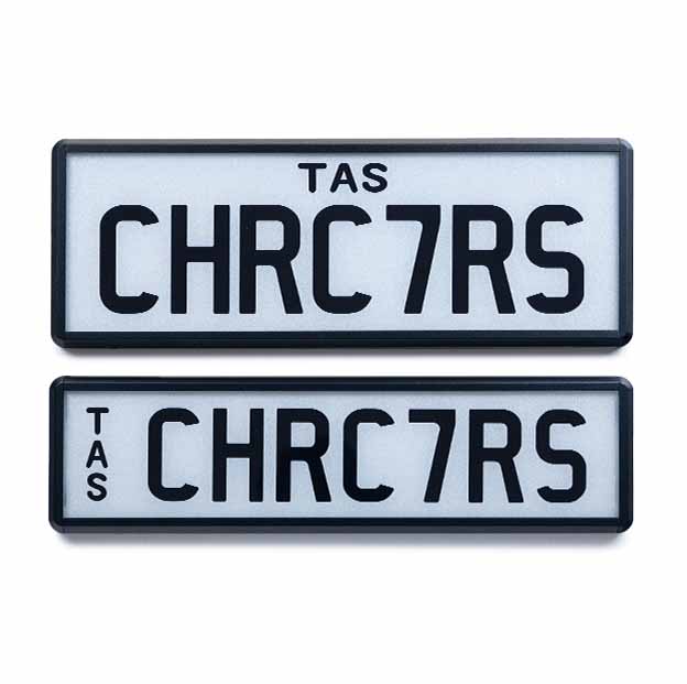 Car Individual Plates Prestige Plus 7 Characters black on white plate with CHRC7RS plate content
