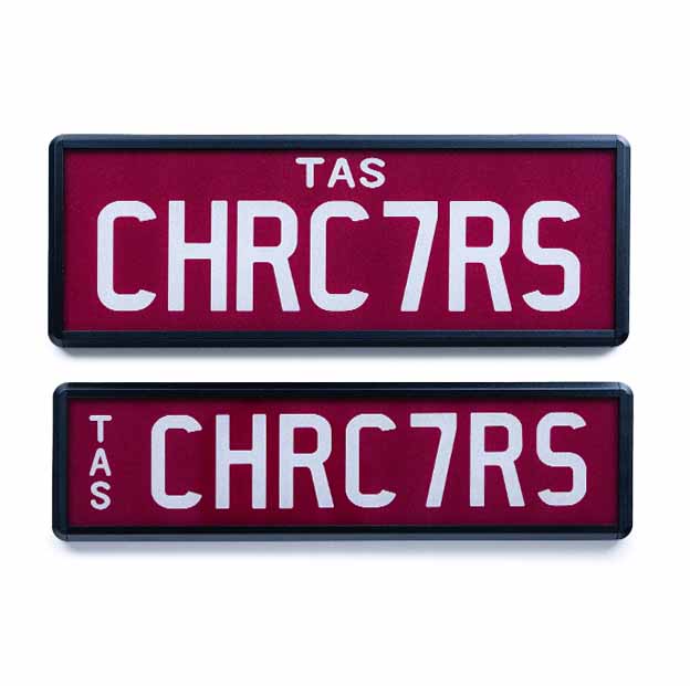 Car Individual Plates Prestige Plus 7 Characters white on maroon plate with CHRC7RS plate content