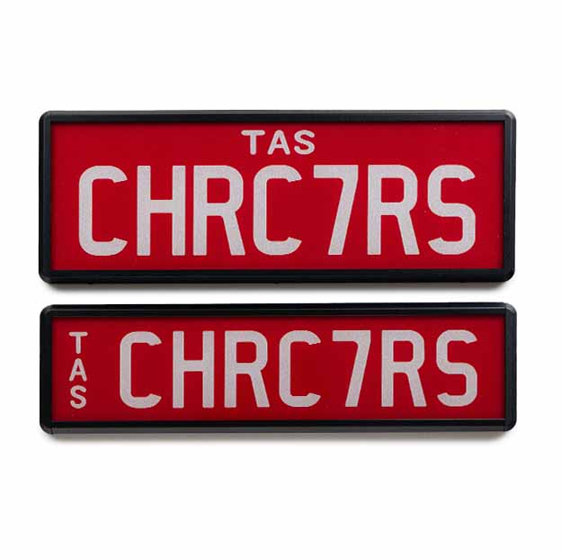 Car Individual Plates Prestige Plus 7 Characters white on red plate with CHRC7RS plate content