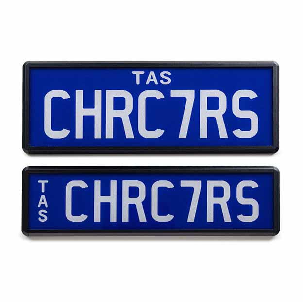 Car Individual Plates Prestige Plus 7 Characters white on blue plate with CHRC7RS plate content