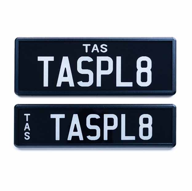 Car Individual Plates Prestige white on black plate with TASPL8 content
