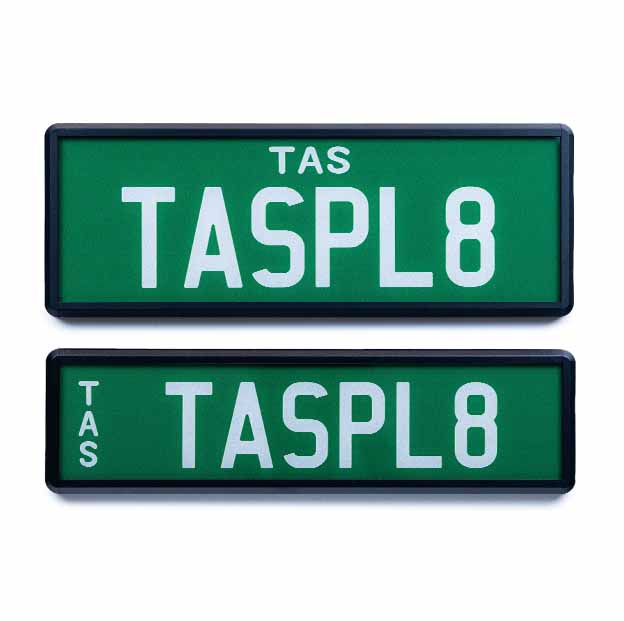 Car Individual Plates Prestige white on green plate with TASPL8 content