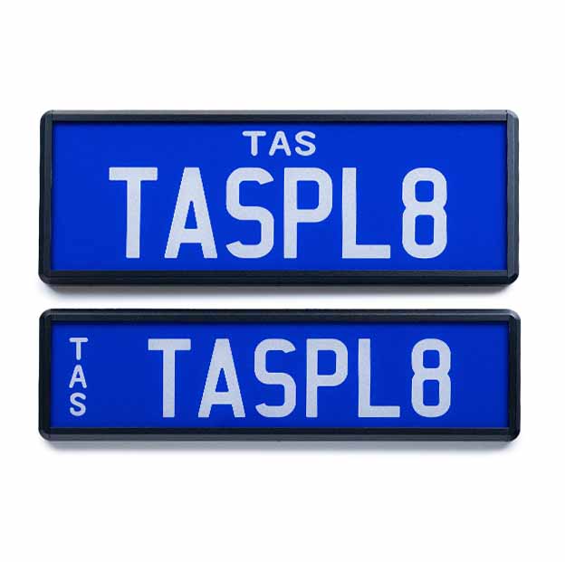 Car Individual Plates Prestige white on blue plate with TASPL8 content