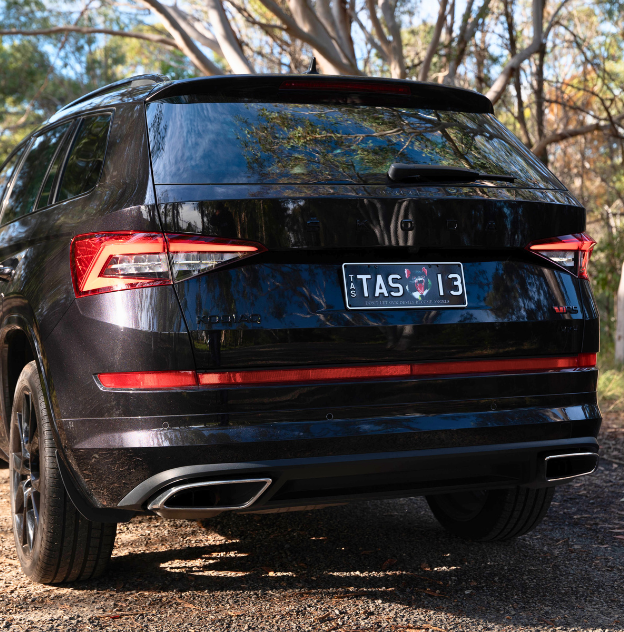 Tassie Range Tasmanian plate on Black Skoda