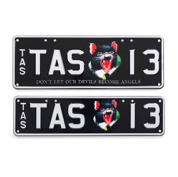 Car Individual Plates Tassie Tasmanian Devil with TAS 13 content white characters on a black plate
