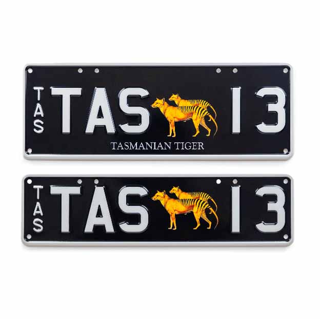 Car Individual Plates Tassie Tasmanian Tiger with TAS 13 content white characters on a black plate